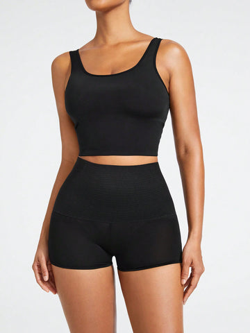 Women's Solid Color Crop Top And Shapewear Shorts Set