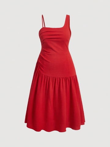 Plus Size Solid Color Asymmetric Collar Ruffle Dress