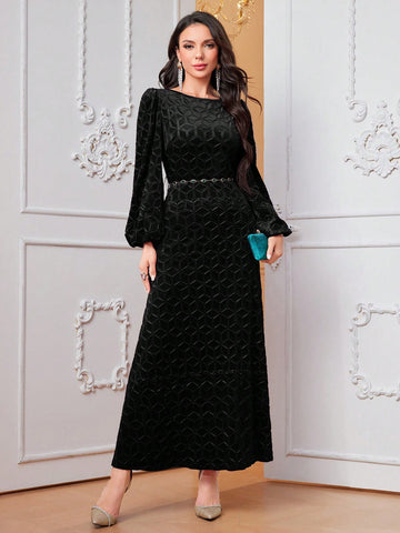 Women's Lantern Sleeve Textured Fabric Arabic Style Dress