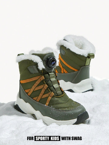Fashionable Cool Color Block Boys' Snow Boots With Rotating Buckle, Comfortable Flat Heel, Plush Lining For Warmth