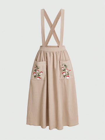 Ladies' Mushroom & Vine Embroidery Suspenders Mid-length Skirt