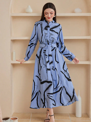 Ladies' Belted Shirt Dress With All-over Print