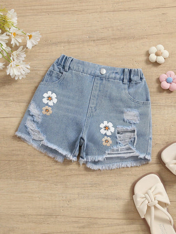 Young Girl Casual And Basic Style Light Blue Washed Denim Shorts With Flower Print, Hole Detail And Frayed Hem, Perfect For Summer Vacation