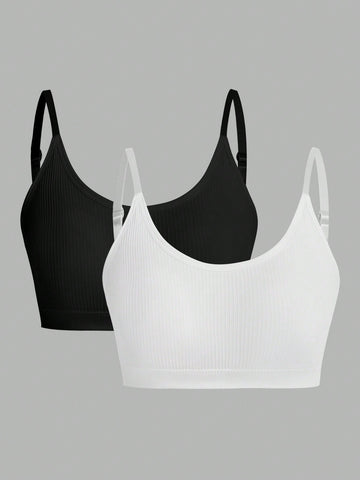 2pcs Solid Color Ribbed Knit Sports Bra