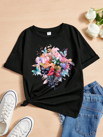 Teen Girl Casual Floral Pattern Short-Sleeved T-Shirt Suitable For Summer