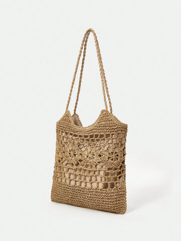 Women Plain Color Crochet Large Capacity Shoulder Bag, For Summer, Beach, Vacation