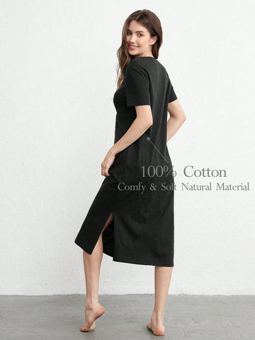 Natrural Comfy & Soft Cotton Side Split T-Shirt Sleepdress - Black