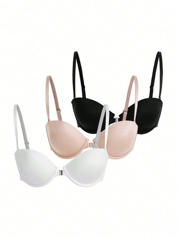 3pcs Solid Color Bra With Steel Ring