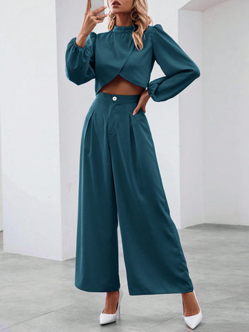 Women's Stand Collar Lantern Sleeve Top And Wide Leg Pants Two Piece Set