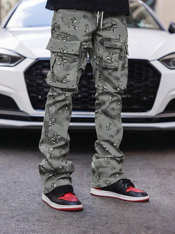 Loose-Fit Men's Leopard Printed Cargo Pants With Drawstring Waist