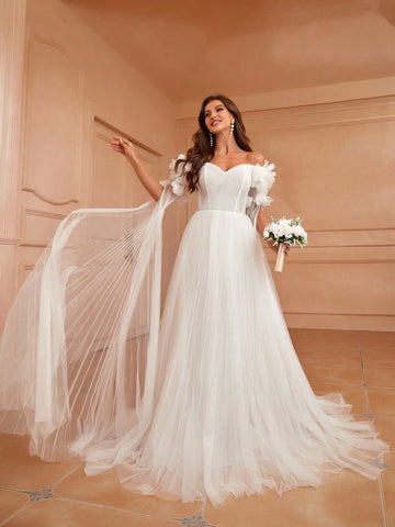 Off-Shoulder Wedding Dress With 3d Floral Cape Sleeves And Tulle Overlay