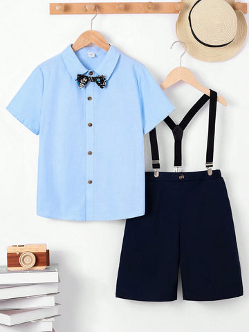 Tween Boy Fashionable Loose Fit Bowknot Collar Shirt With Detachable Suspenders Shorts Set