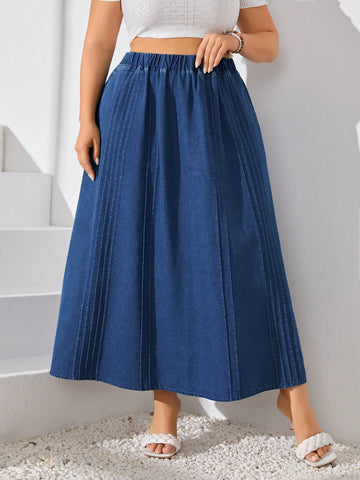 Plus Size Women's Pleated Denim Skirt