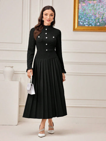 Women's Stand Collar Long Sleeve Dress With Pleated Hem Dress For Churches