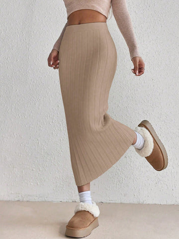 Solid Color Ribbed Knit Sweater Skirt