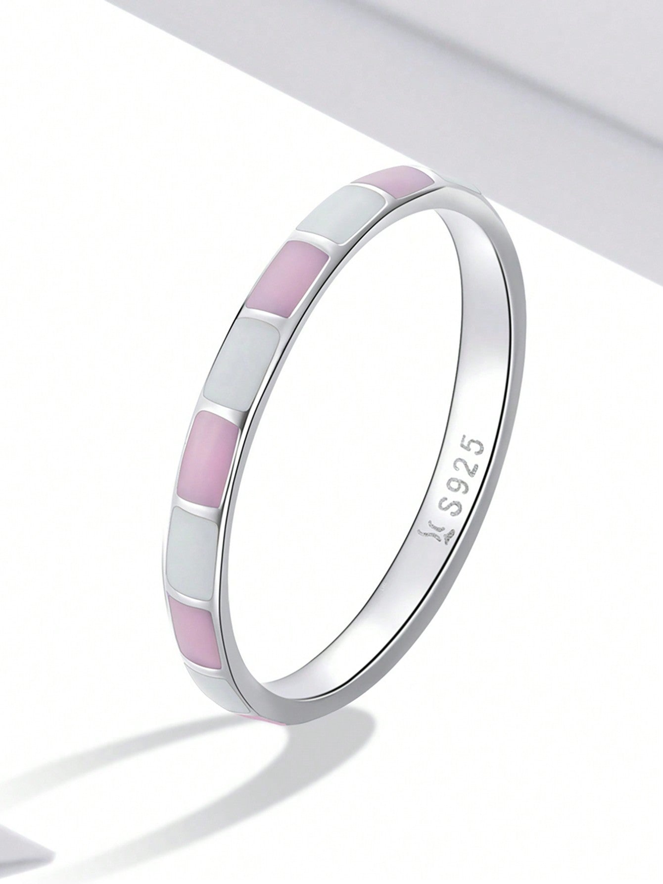 1pc Pink Contrast Color Geometric Ring For Women S925 Sterling Silver White Gold Color Fine Jewelry Daily Wear Gifts