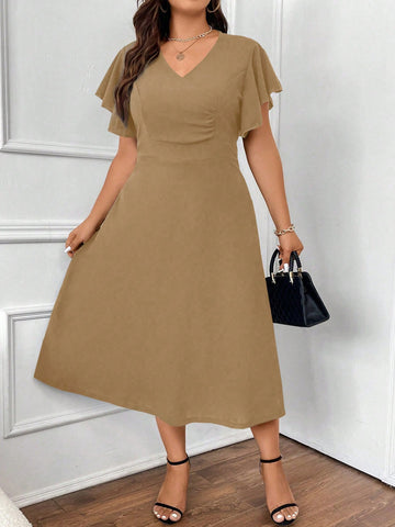 Plus Size Solid Color Butterfly Sleeve Dress