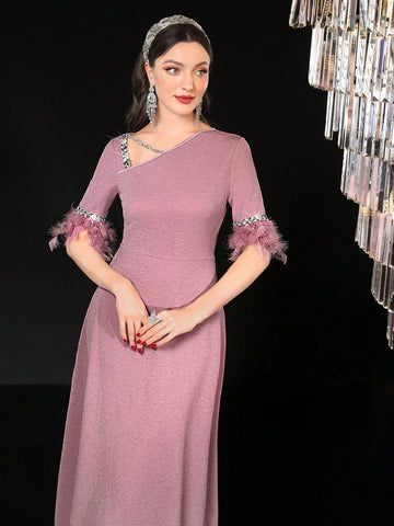 Women's Irregular Neckline Contrast Sequins Rhinestone Embellished Arab Style Feather Patchwork Dress