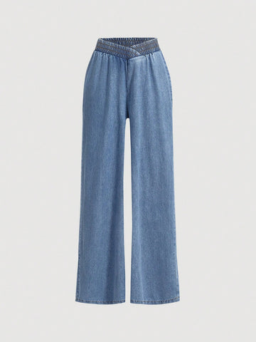 Loose V-Waist Women'S Jeans Blue