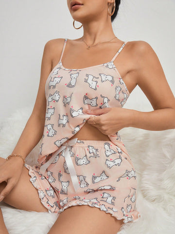 Women's Cat Pattern Summer Cami Top & Shorts Pajama Set