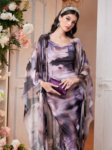 Women'S Two Piece Set: Floral Print Batwing Sleeve Coat And Suspended Dress