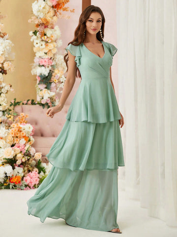 Elegant And Elegant, Romantic Women's Early Spring Wedding Season Green Tiered Ruffled High-Waisted Front Chest Pleated Ruffled Flying Sleeves A-Shaped Umbrella Hem St. Patrick's Day Holiday Season Bridesmaid Dress