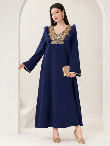 Fuzzy Trim Embroidered Applique Flare Sleeve Dress