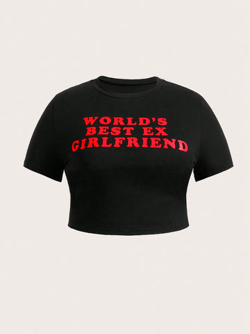Plus Size Women'S Slogan Printed Cropped T-Shirt