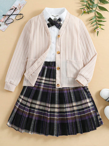 Tween Girl Double Pocket Button Up Jacket, Plaid Pleated Skirt And Butterfly Bowknot Short Sleeve Shirt Outfits