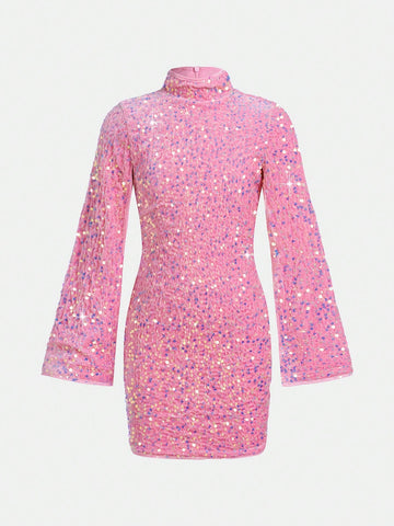 Tween Girl Stylish And Elegant Knitted Flare Sleeve Sequin Dress Sparkly Dress