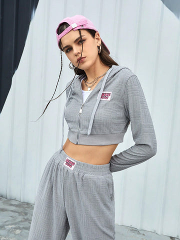 Women's Spring & Summer Hooded Drawstring Crop Top Hoodie And Sweatpants Sportswear Set