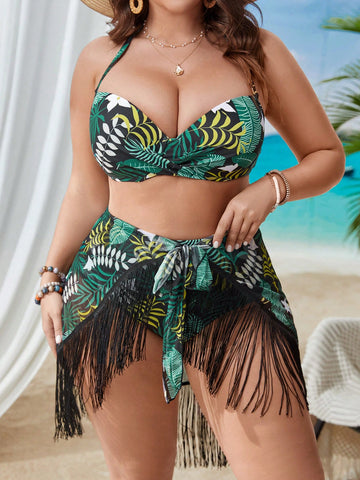 Plus Size Women's Tropical Plant Printed Patchwork Tassel Swimsuit 3pcs/Set Carnival