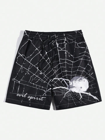 Men's Drawstring Waist Shorts With Spider Print