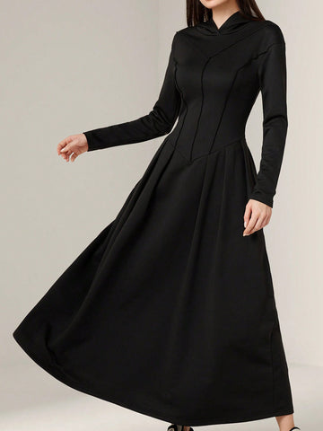 Top Stitch Pleated Hooded Long Dress