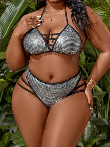 Plus-Size Metallic Hollow Out One-Piece Swimsuit Set Carnival