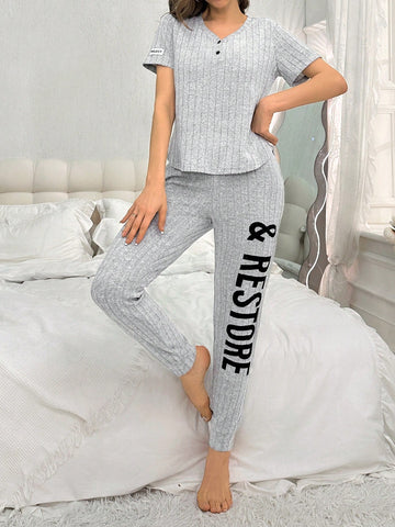 Women's Short Sleeve Ribbed Thermal Pajamas Set
