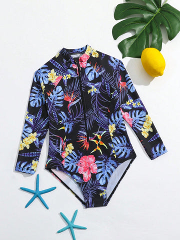 Young Girl Tropical Printed Long Sleeve One-Piece Swimsuit With Front Zipper & Raglan Shoulder