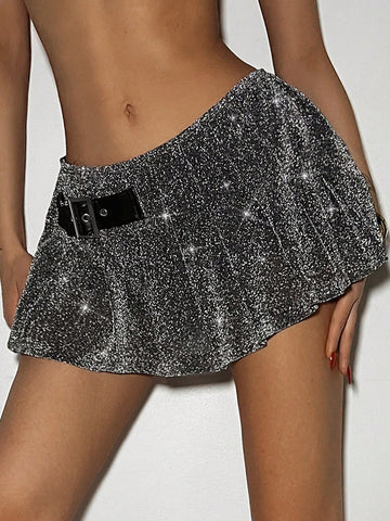 Glitter Buckle Strap Decor Low Waist Skirt
