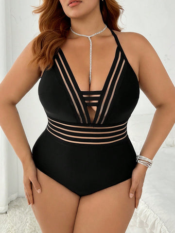 Summer Beach Plus Size Women's One-Piece Swimsuit With Mesh And Weaving Shoulder Straps Wedding
