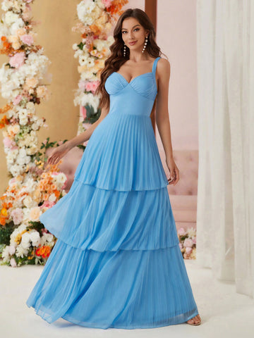 Blue Thick Halter Multi-Layer Irregular Heavy Industry Pleated Tower Dress Slim Valentine's Day Dress Bridesmaid's Dress