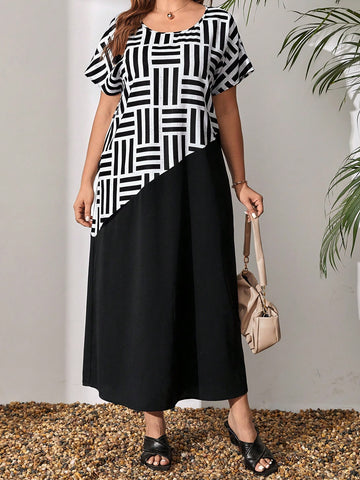 Plus Size Women'S Black And White Striped Patchwork Long Summer Dress