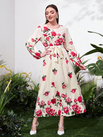 Women's Floral Print Latern Sleeve Arabian Dress