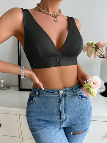 Hook And Eye Front Solid Color Bra