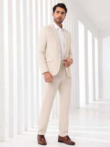 Men's Salmon Woven Casual Single-Breasted Suit Jacket And Pants Set