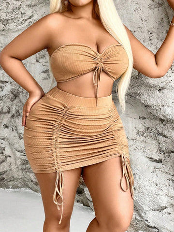 Plus Size Women'S Strapless Smocked Top & Skirt Two Piece Set