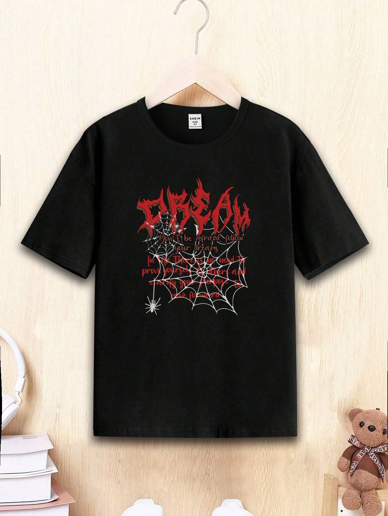 1pc Tween Boys' Cool Spider & Slogan Letter Print Basic Round Neck Short Sleeve T-Shirt