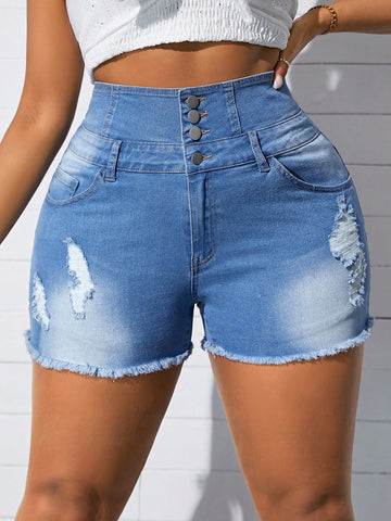 Plus Size Women'S Denim Shorts With Button-Through Front And Frayed Hemline