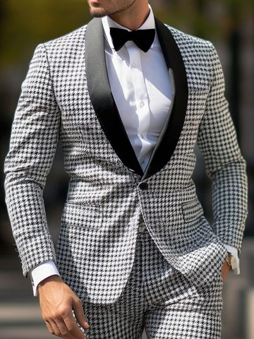 Men's Single-Breasted Plaid Suit Jacket With Patchwork Collar