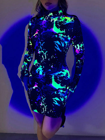 Women's Ink Splatter Printed Long Sleeve Short Dress With Luminous Effect