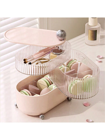 Cosmetic Storage Box,1Pc Multifunctional Rotating Desk Organizer Box, Detachable Layers For Jewelry, Lipsticks, Hair Accessories And Cosmetics Storage, Dustproof With Cover,Room,Home,Bedroom,Bathroom,House,Pink Room,Living Room Decor,Travel Stuff,Gift Bag